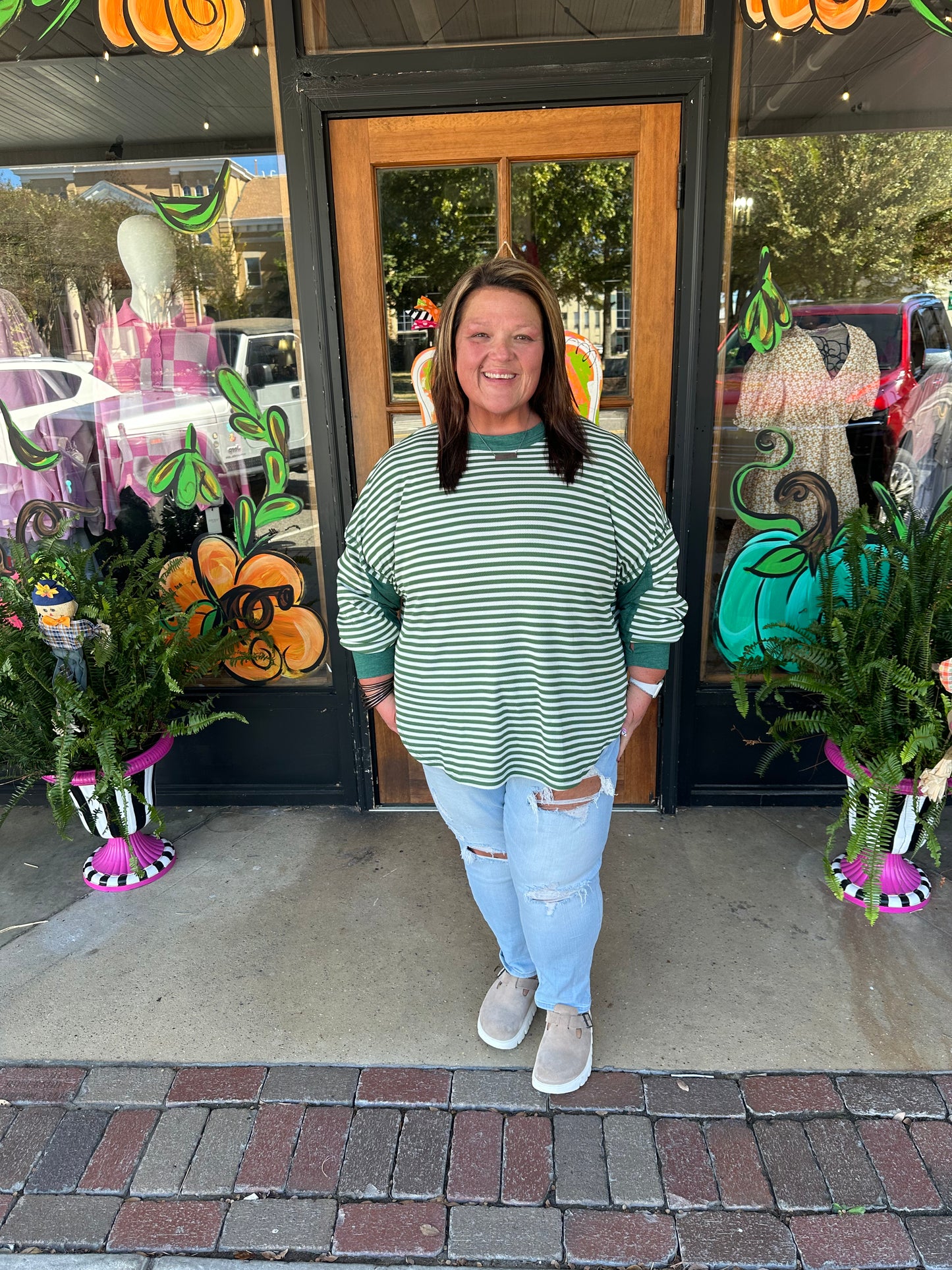 Green Stripe Exposed Seam Patchwork Plus Size Thermal Waffle Top