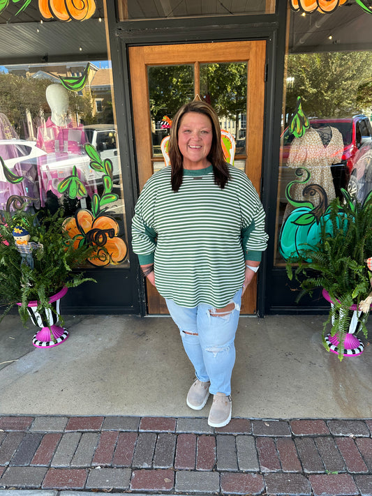 Green Stripe Exposed Seam Patchwork Plus Size Thermal Waffle Top