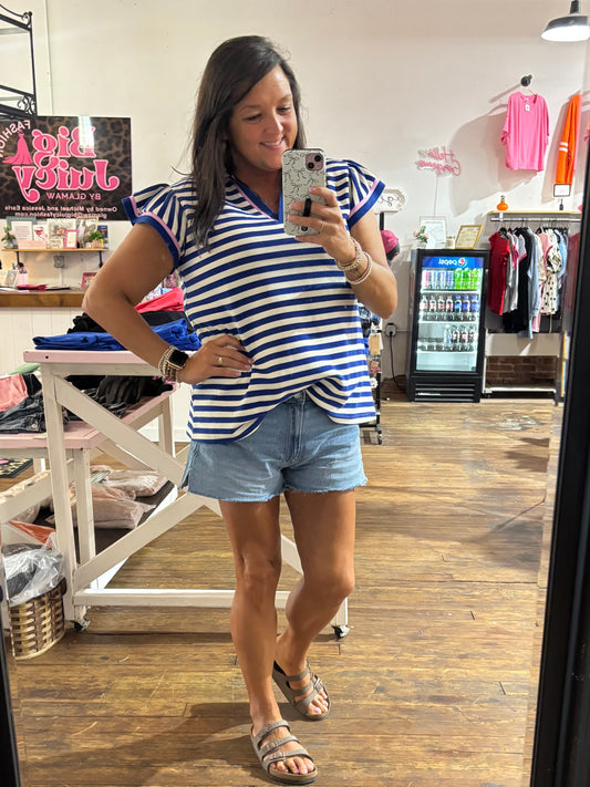 Blue Stripe Contrast Trim Polo Collar Ruffled Short Sleeve Blouse