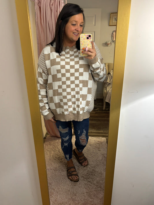 Khaki Checkered Drop Shoulder Round Neck Sweater