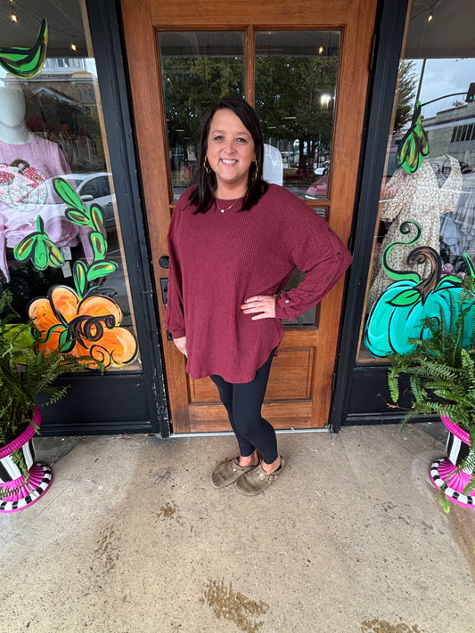 Wild Ginger Plus Size Ribbed Button Decor Long Sleeve Top