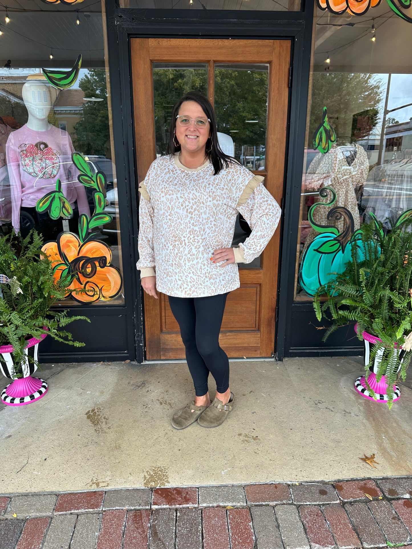 Khaki Plus Size Ruffle Arm Leopard Sweatshirt