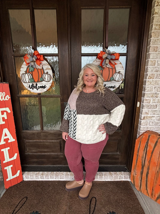 Brown Plus Size Color Block Patchwork Knotted Back Loose Fit Sweater