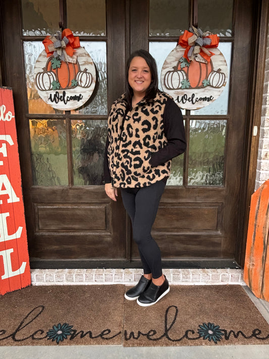 Khaki Leopard Sherpa Button Front Collared Plus Size Vest Jacket