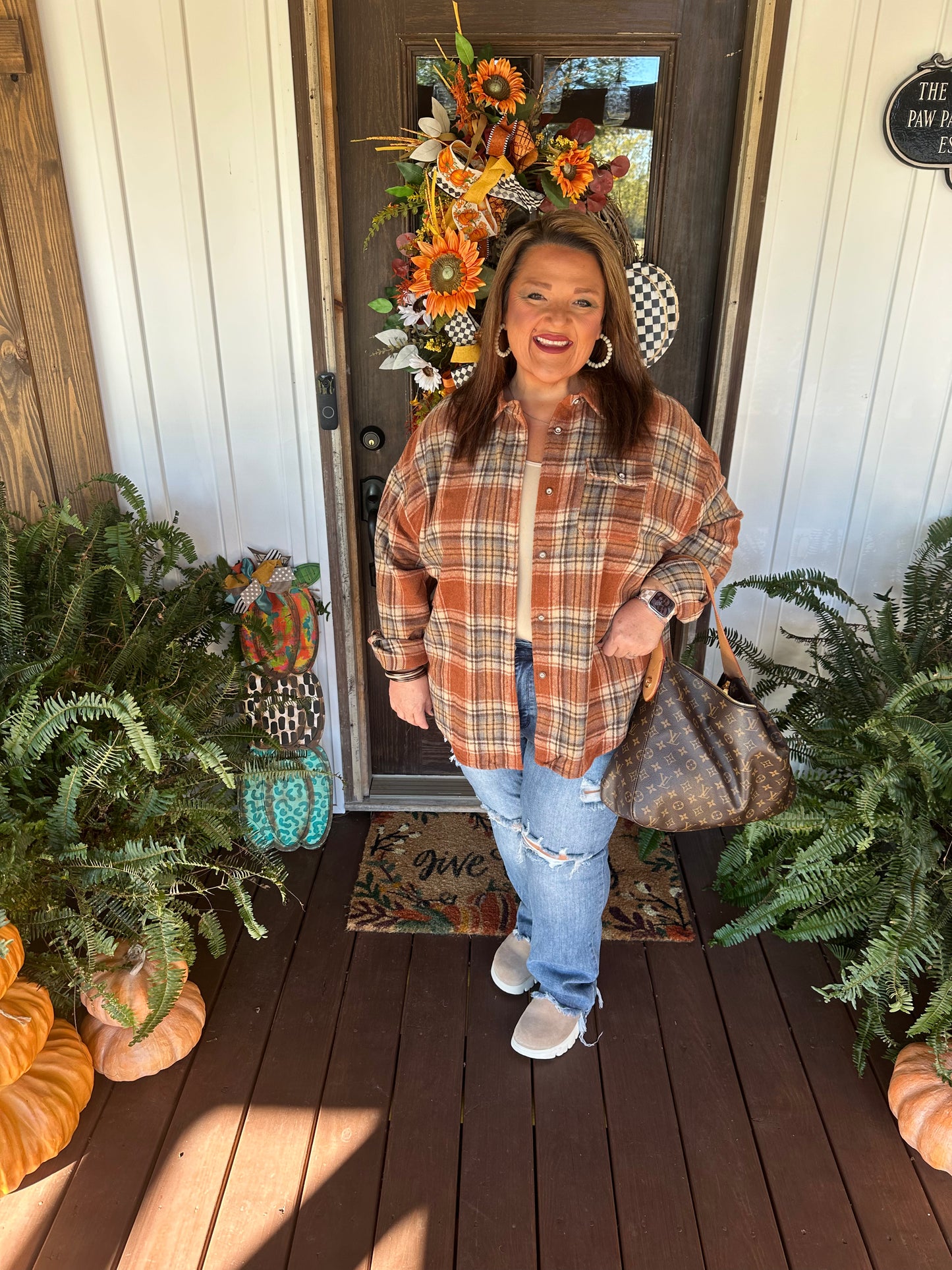 Brown Plaid Print Flap Pocket Button Plus Size Shirt