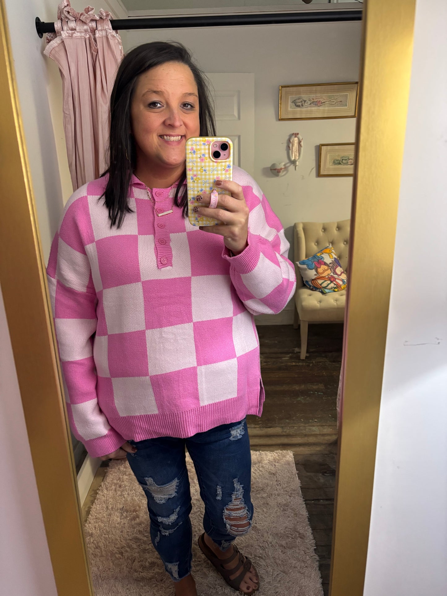 Pink Checkered Button Collared Sweater