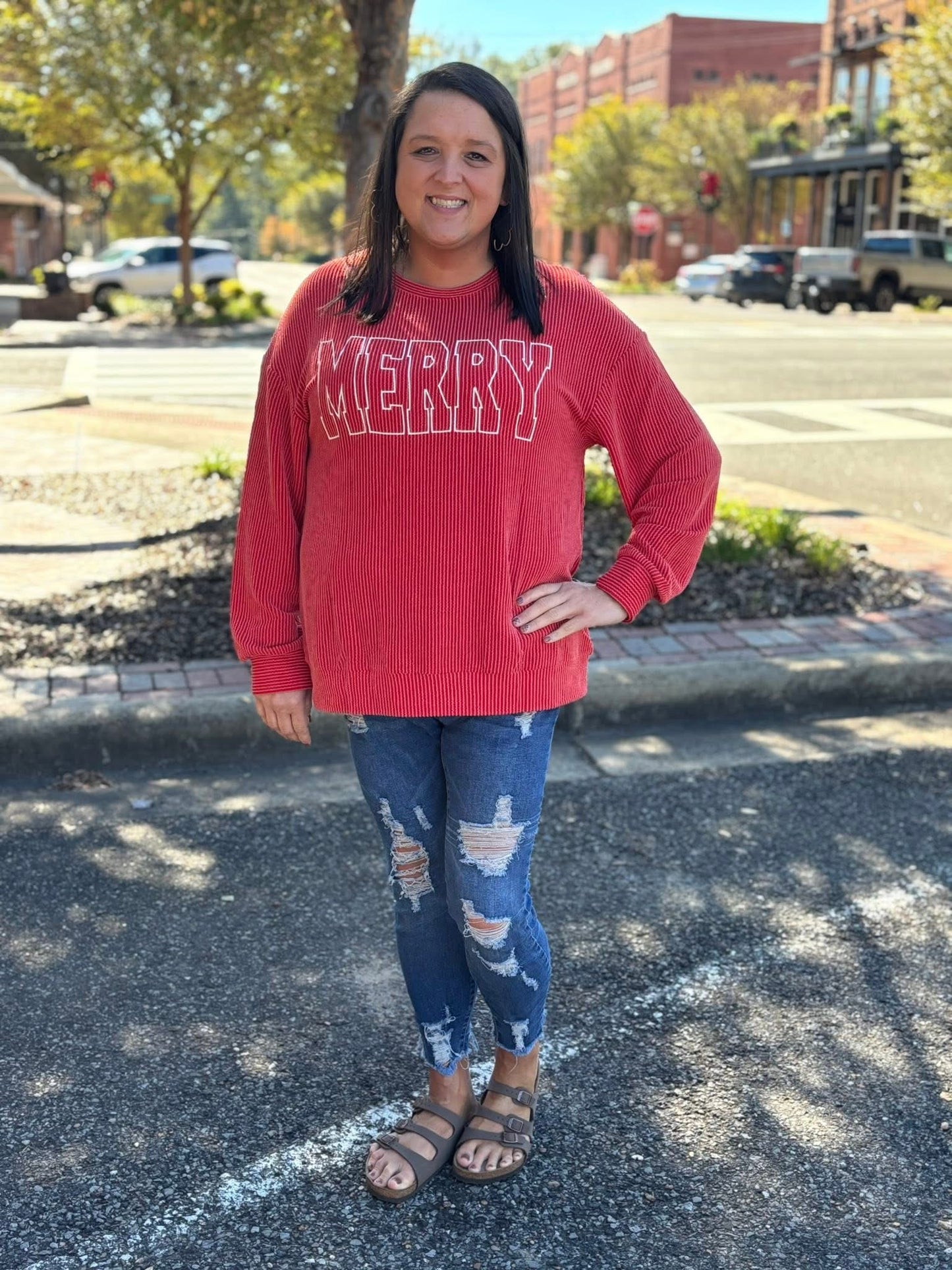Fiery Red Twisted Rib Merry Letter Graphic Loose Long Sleeve Top