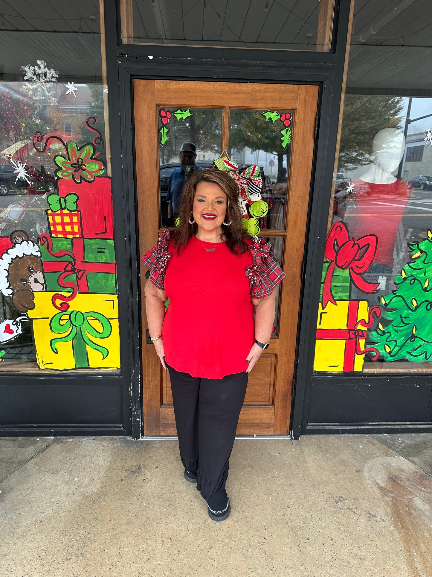 Racing Red Plaid Pearl Ruffled Sleeve Knitted Christmas Holiday Plus Size Top