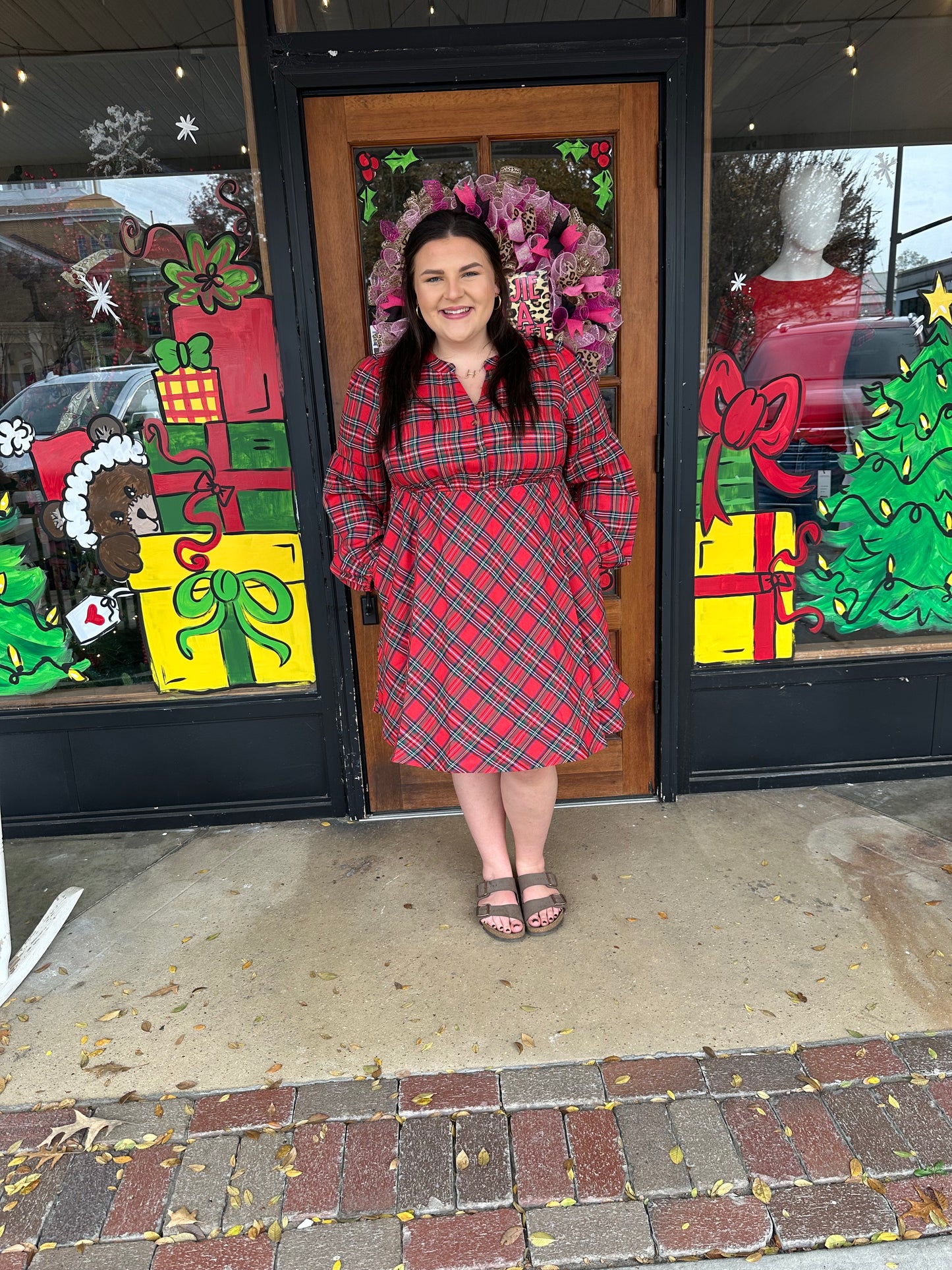 Red Plaid Half Button Long Sleeve Holiday Plus Size Dress