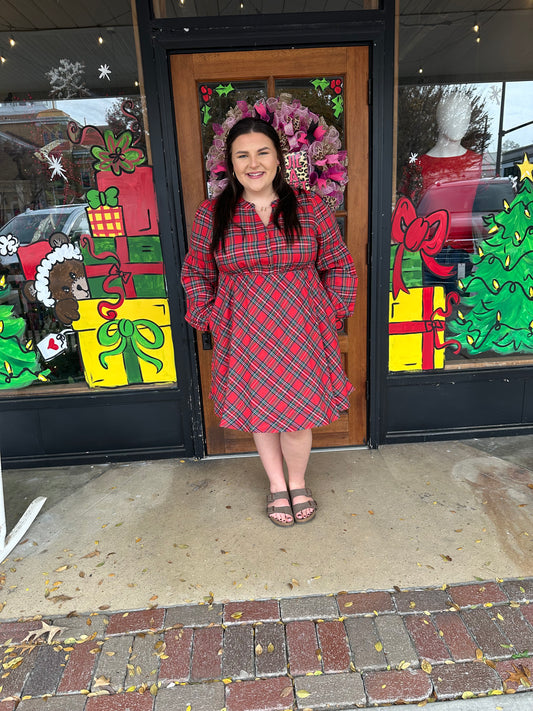 Red Plaid Half Button Long Sleeve Holiday Plus Size Dress