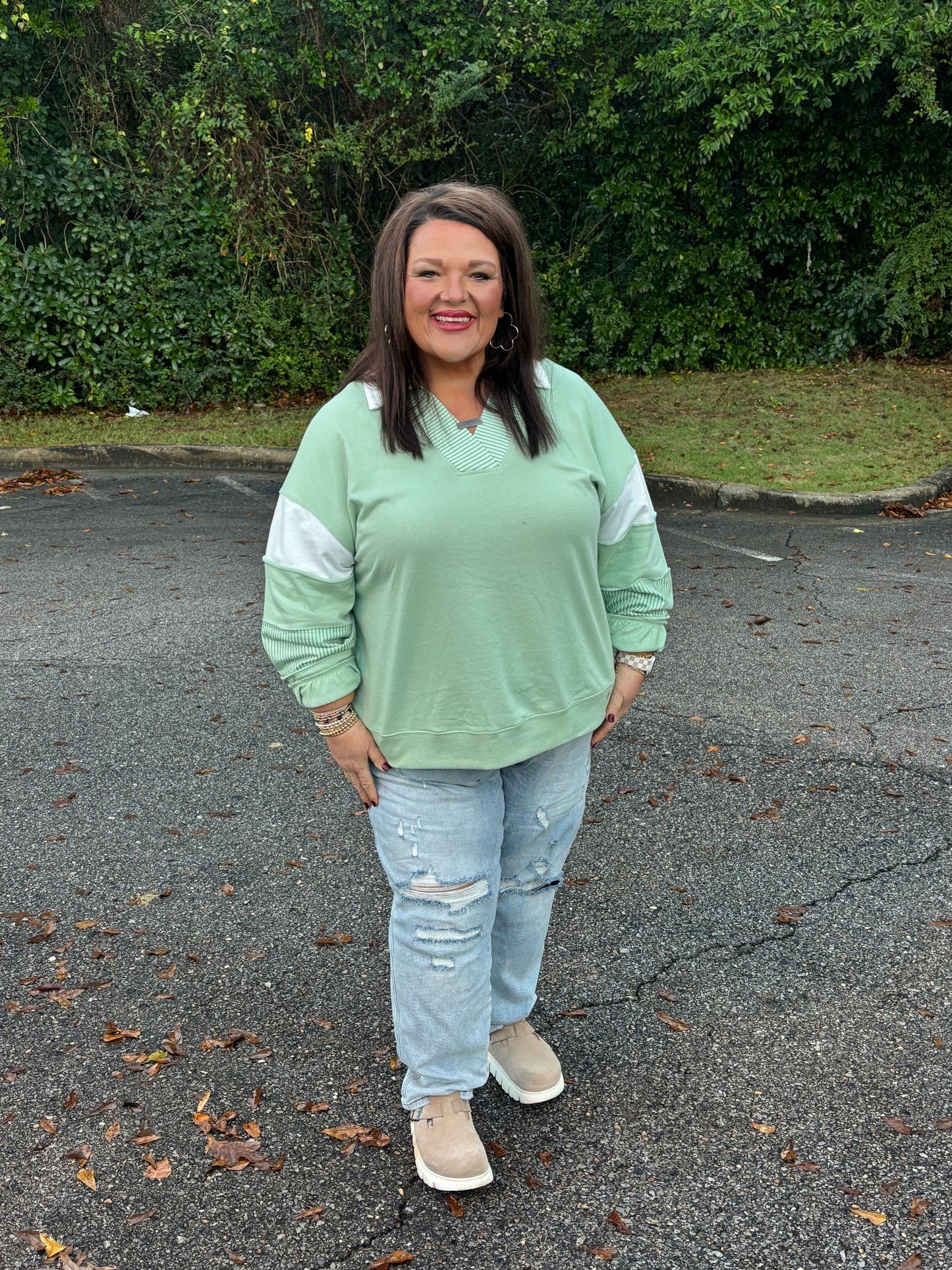 Moonlight Jade Colorblock Striped Patchwork Collar V Neck Plus Size Sweatshirt