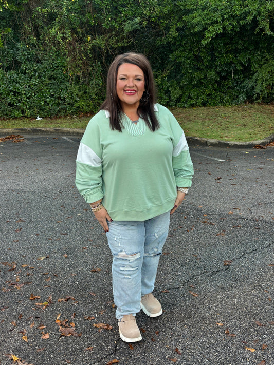 Moonlight Jade Colorblock Striped Patchwork Collar V Neck Plus Size Sweatshirt