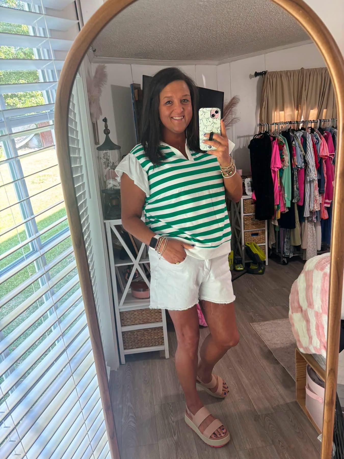 Green Stripe Collar V Neck Ruffled Short Sleeve Blouse