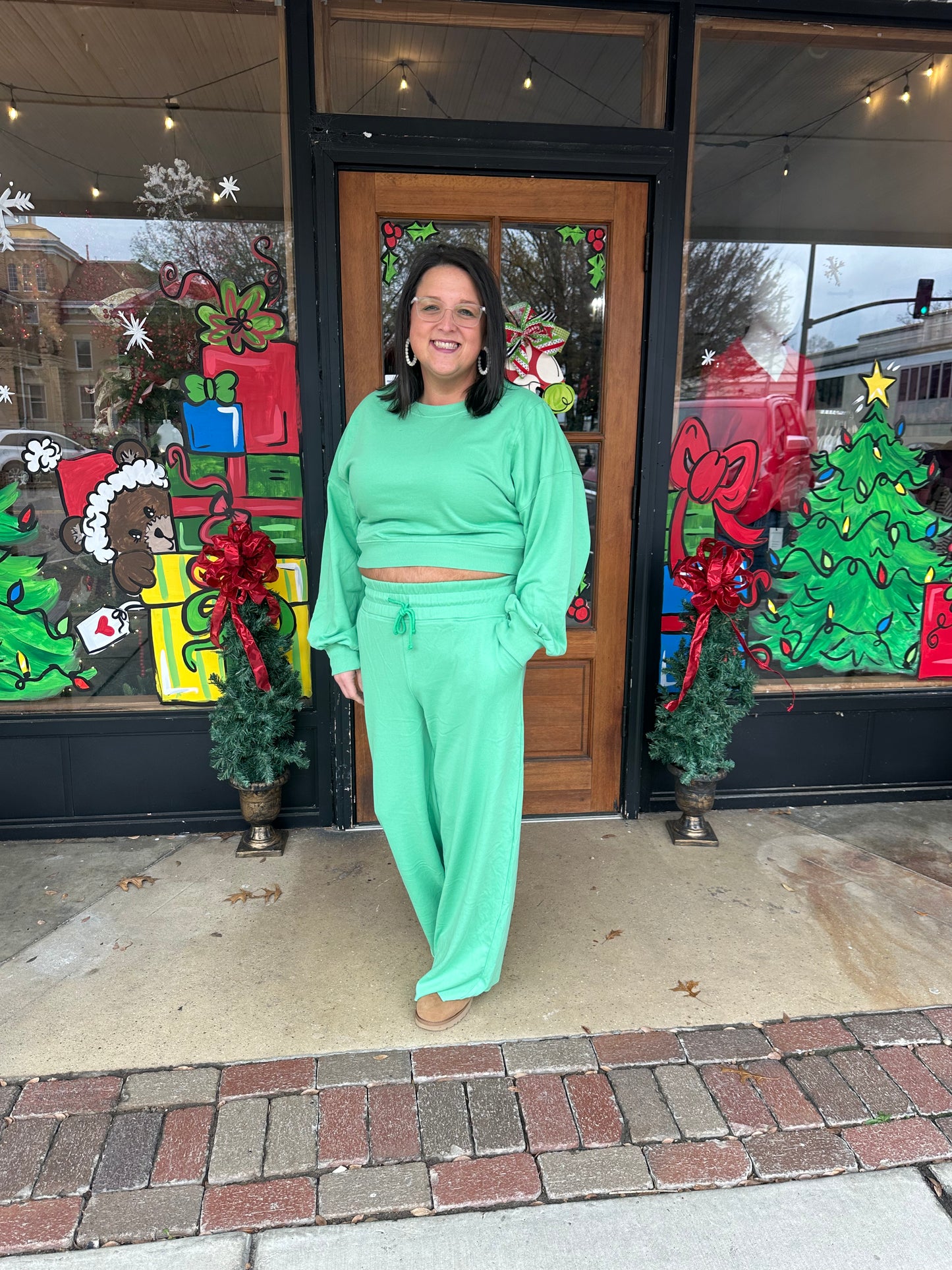 Bright Green Drop Shoulder Crop Pullover Drawstring Wide Leg Pants Set