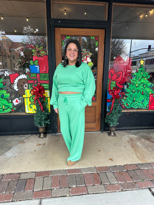 Bright Green Drop Shoulder Crop Pullover Drawstring Wide Leg Pants Set