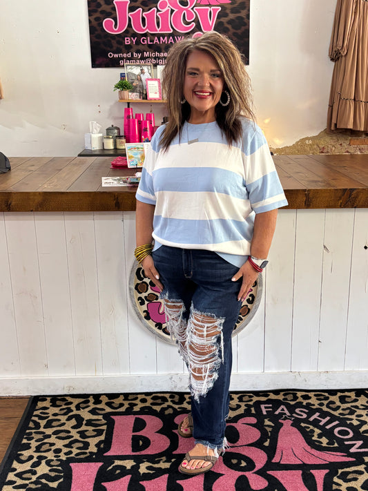 Sky Blue Stripe Colorblock Plus Size Short Sleeve Sweater