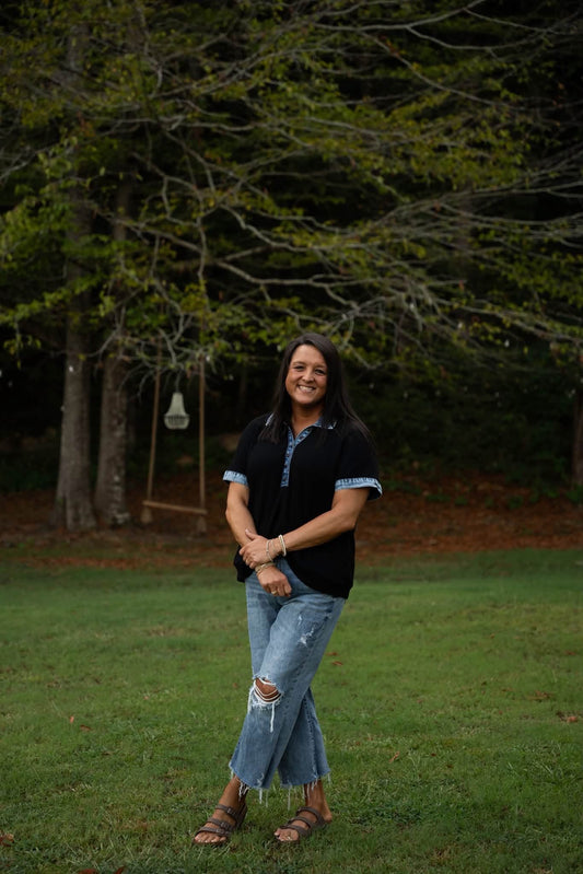 Black Plus Size Textured Contrast Denim Patchwork Button Polo Tee
