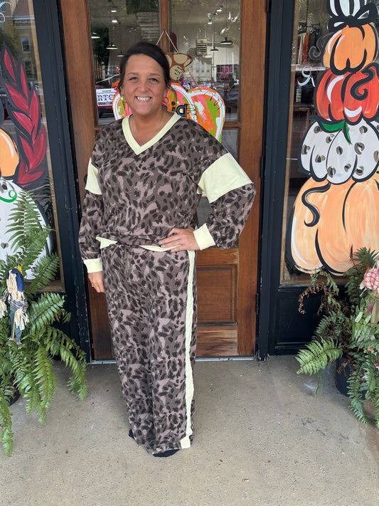 Brown Leopard Print Long Sleeve V-Neck Wide Leg Pant Set