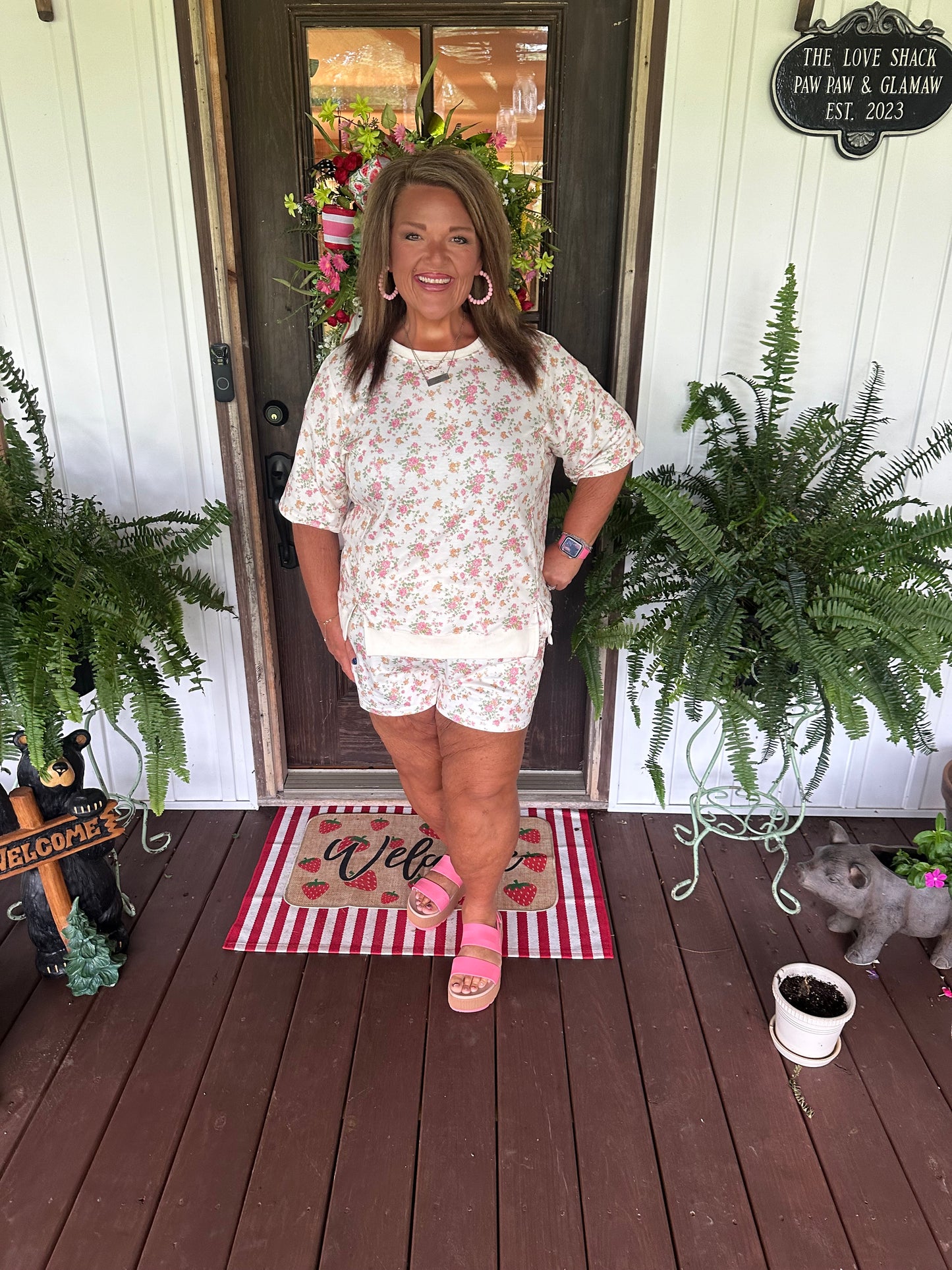 Pink Floral Print Short Sleeve Elastic Waist Pocket Two Piece Set