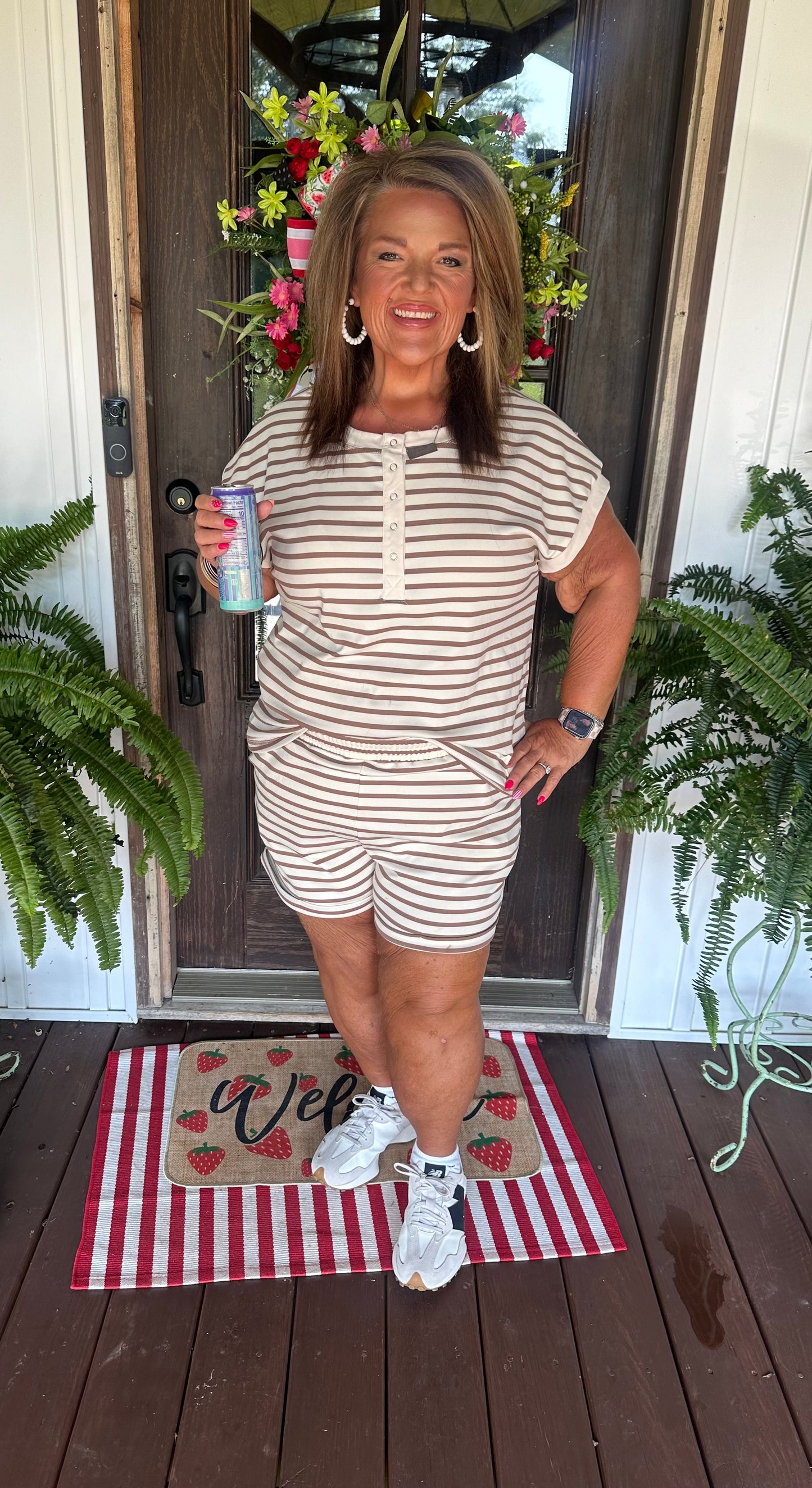 Brown Stripe Half Buttons Top and Shorts Set