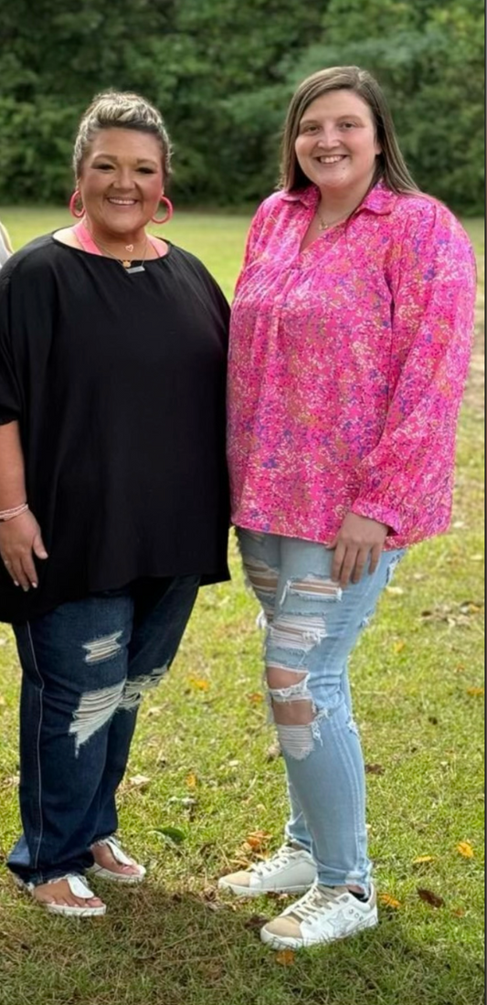 Pink Dotted Puff Sleeve V Neck Blouse