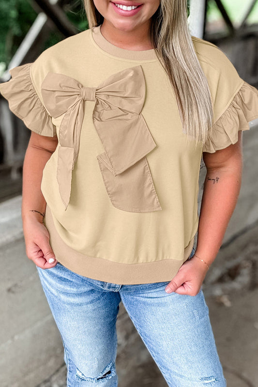 Parchment Ruffle Short Sleeve Bowknot Applique Plus Size Top