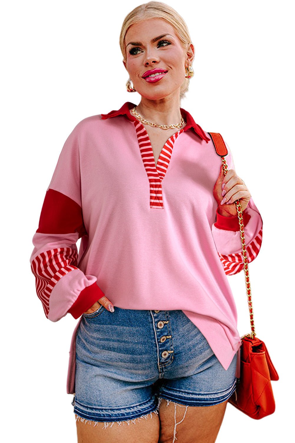 Rose Striped Patchwork Side Split Collared Plus Size Sweatshirt