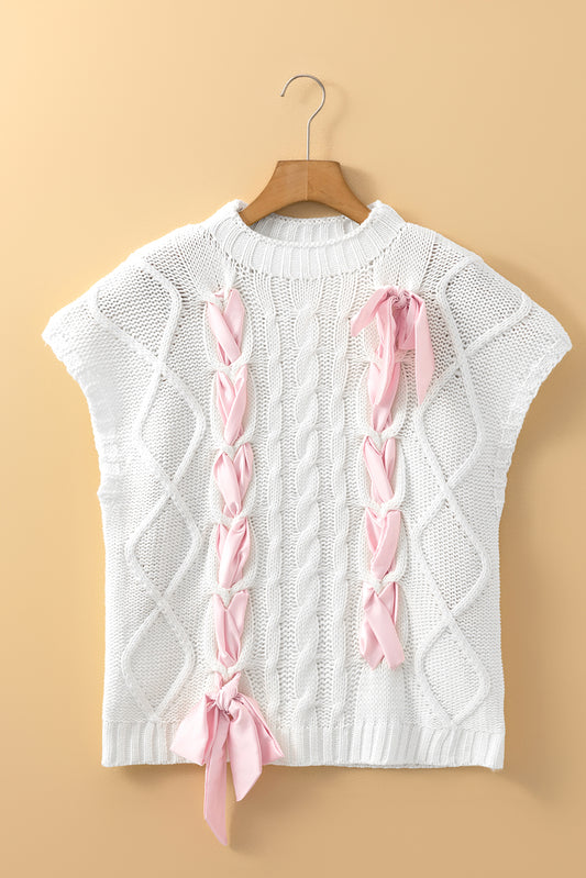 White Sweet Satin Bowknot Cable Knit Top