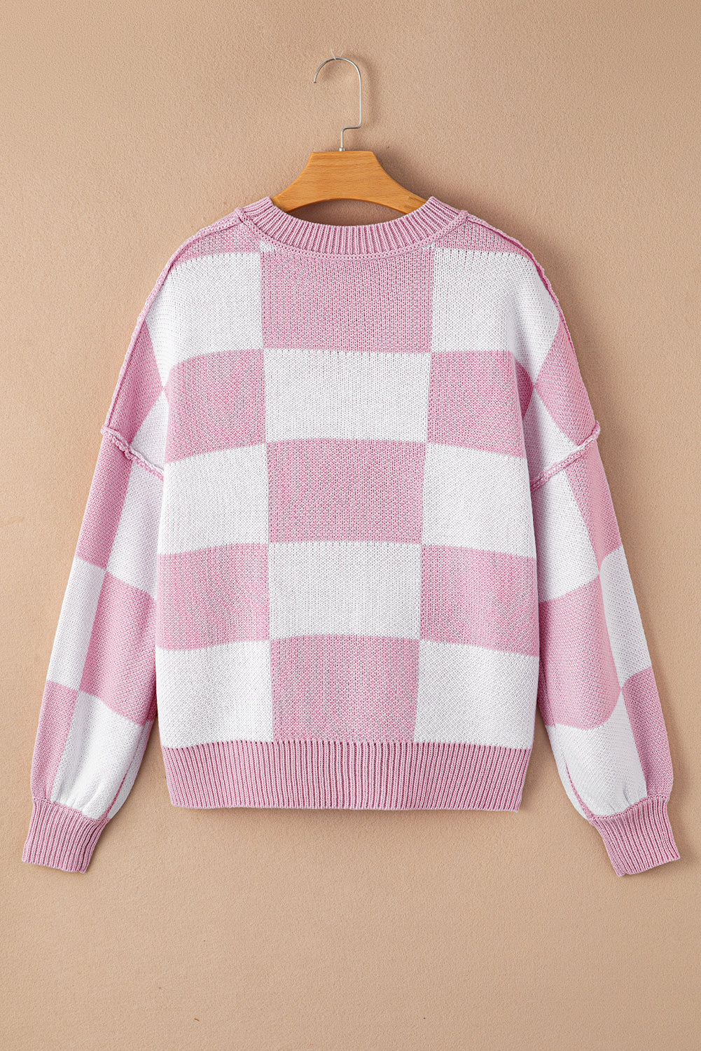 Rose Checkered Bishop Sleeve Pullover Sweater