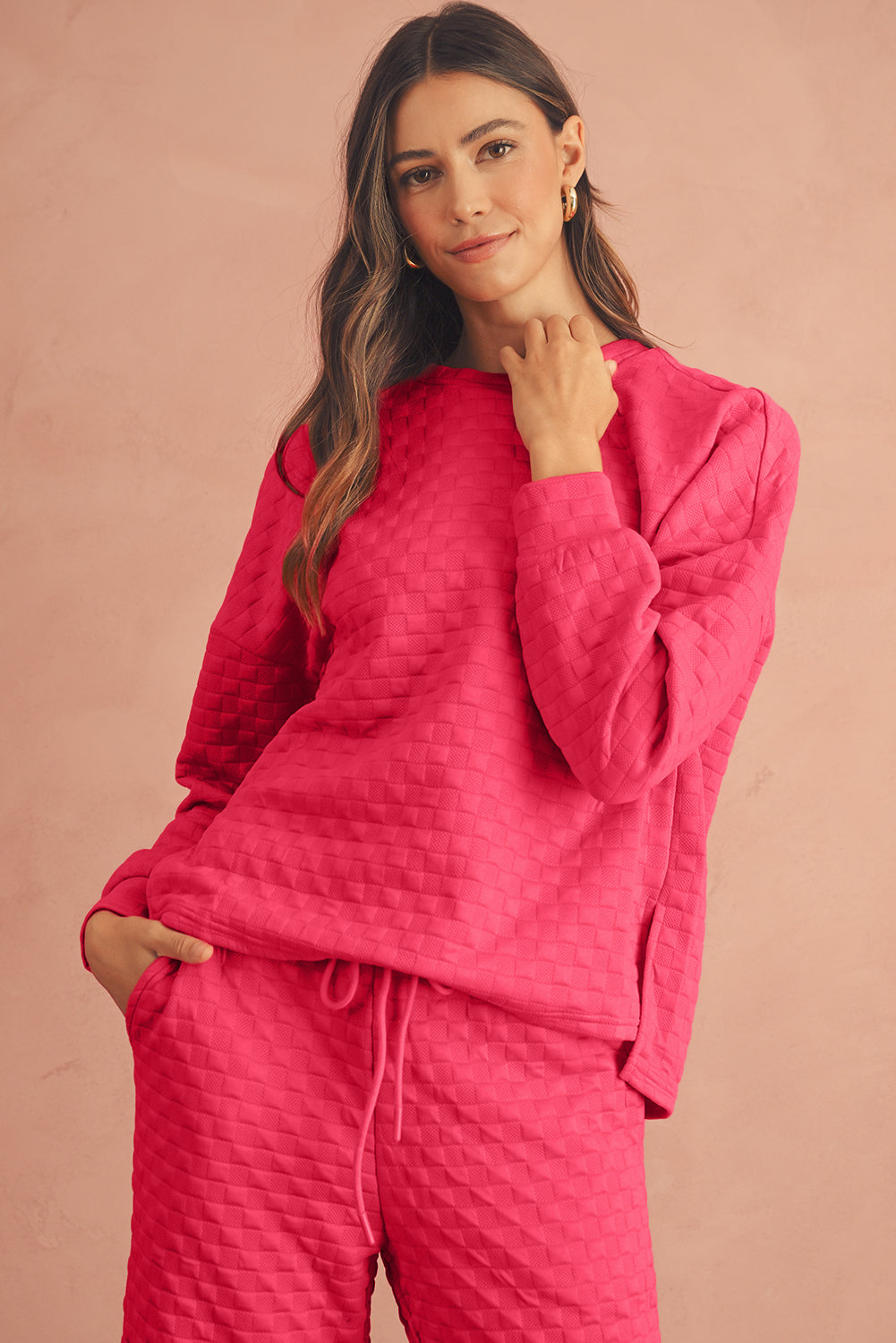 Strawberry Pink Checkered Textured Split Pullover Top and Pants Set