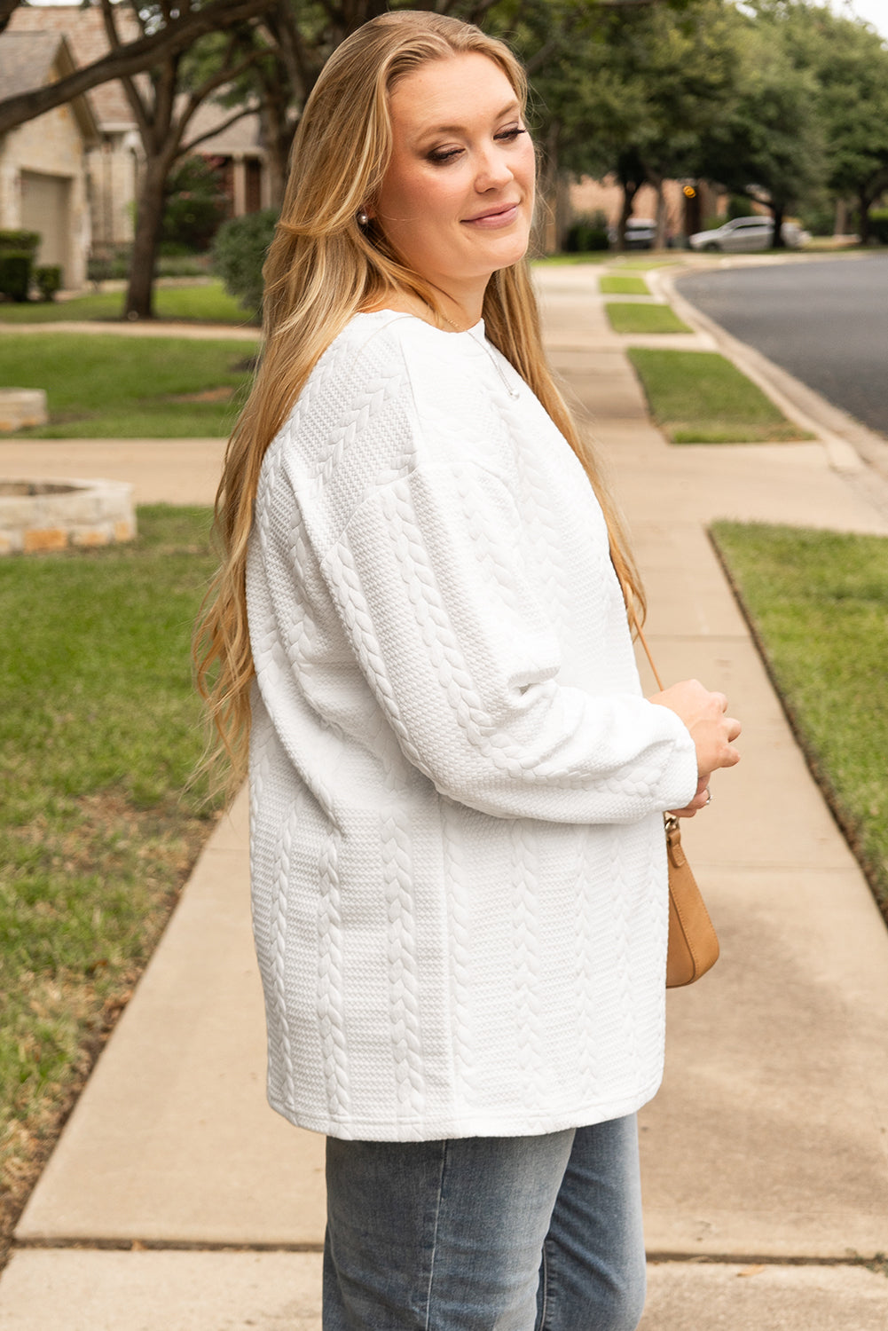 White Textured Loose Plus Size Long Sleeve Top