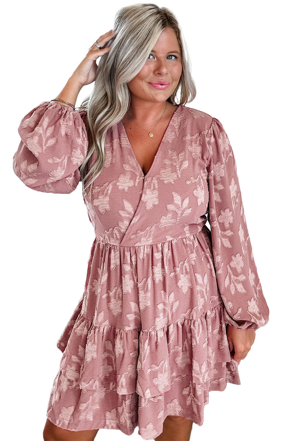 Peach Blossom Floral Surplice V Neck Tiered Ruffle Plus Size Dress