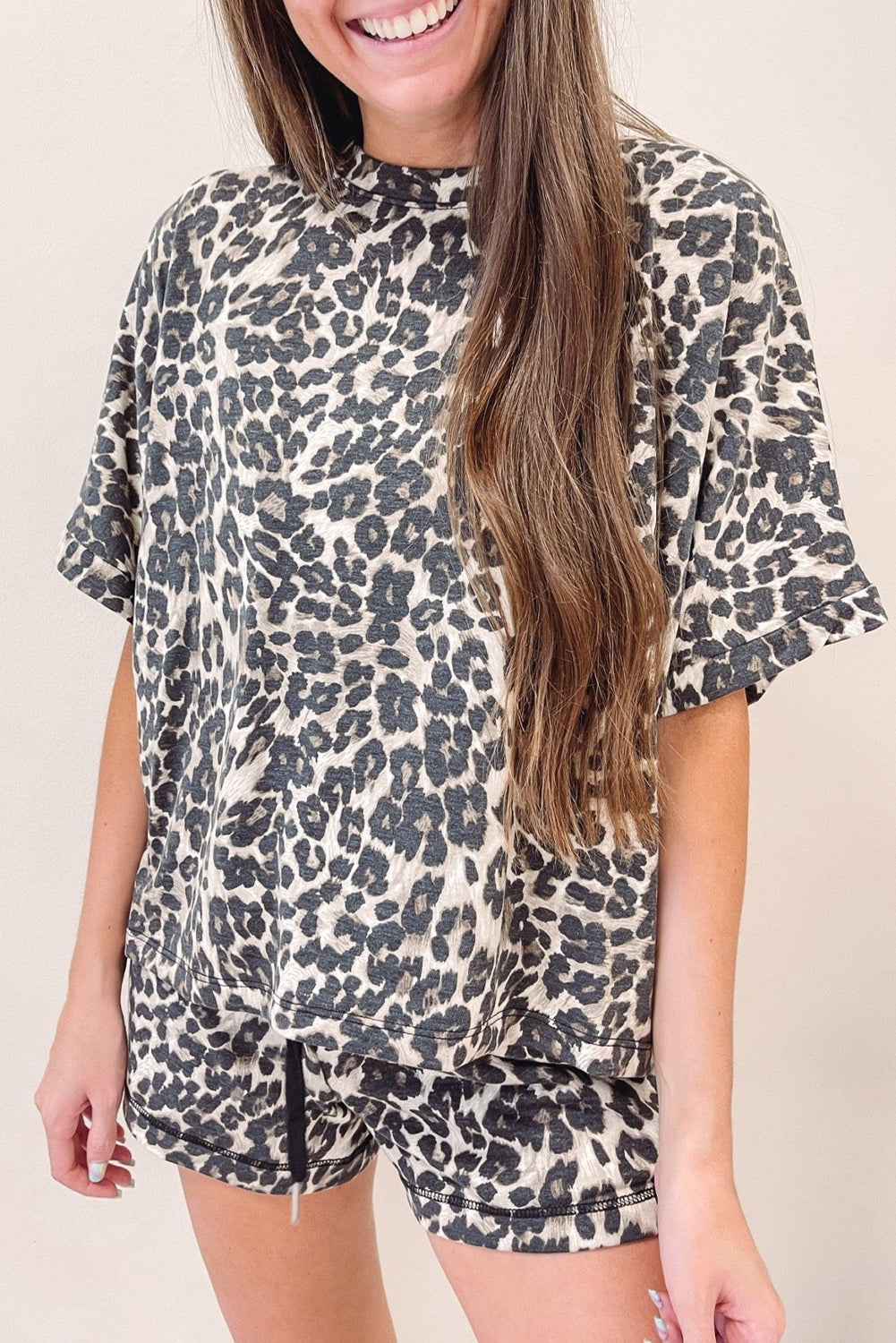 Black Leopard Print Tee and Shorts Pajama Set