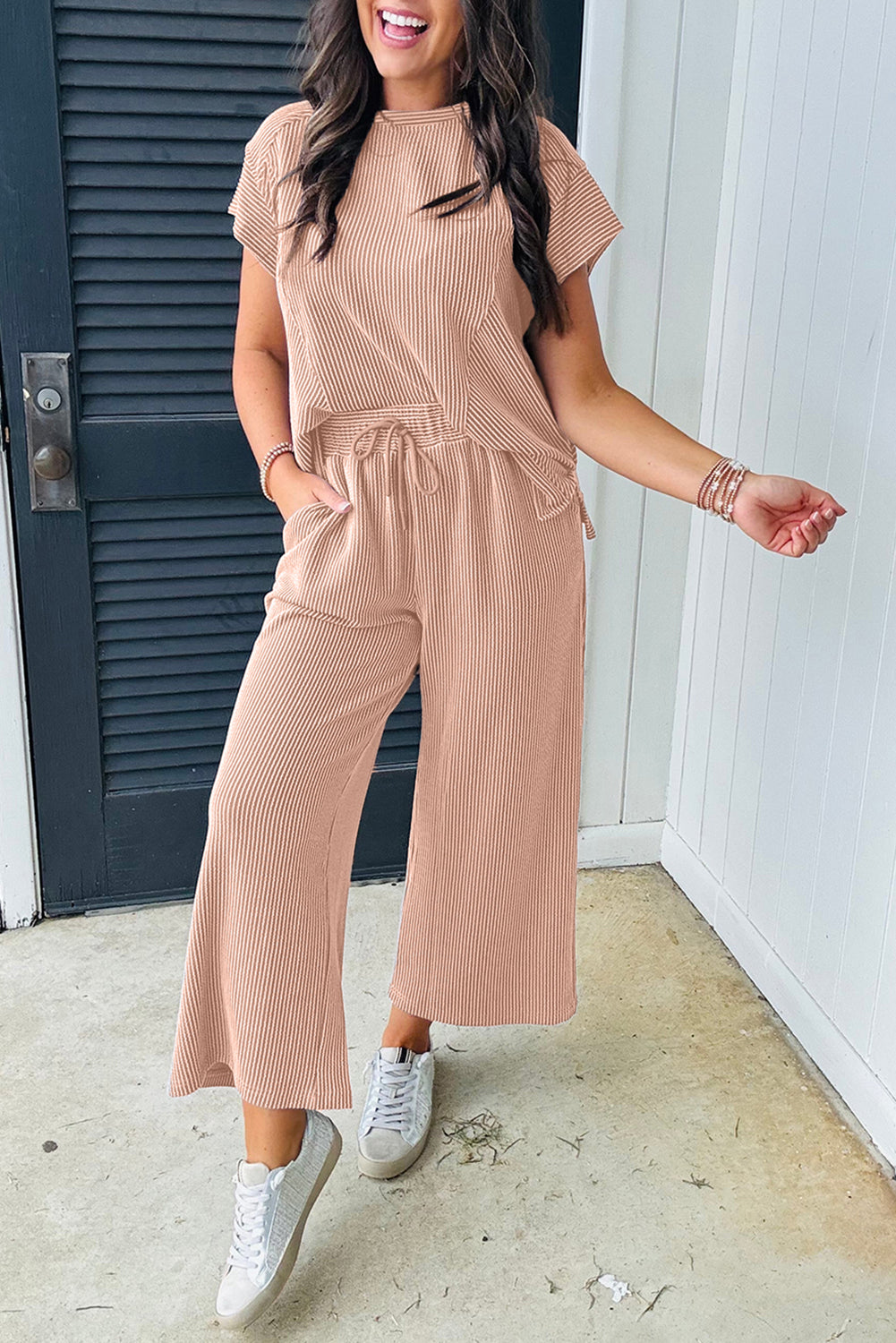 Bright Pink Solid Corded Short Sleeve T Shirt and Wide Leg Pants Set