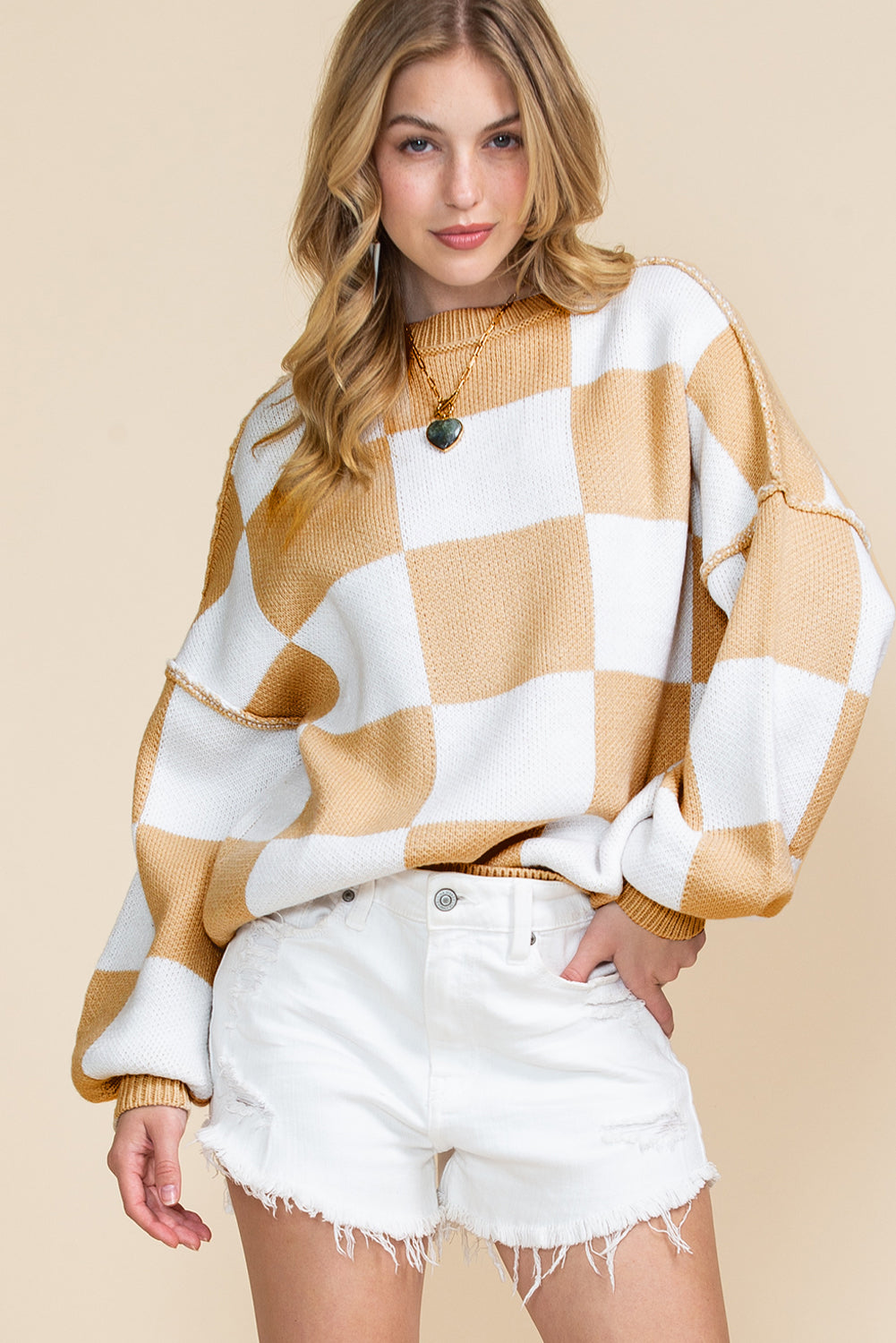 Rose Checkered Bishop Sleeve Pullover Sweater