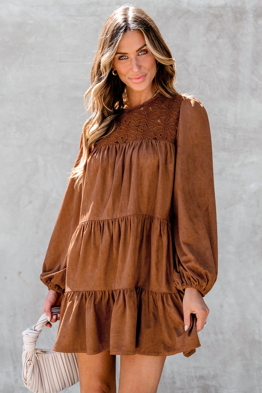 Chestnut Floral Lace Crochet Tiered Ruffle Mini Dress