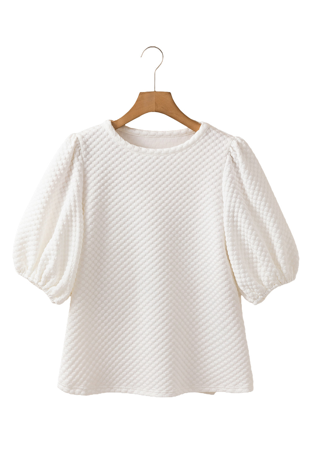 White Solid Textured O Neck Puff Sleeve Blouse