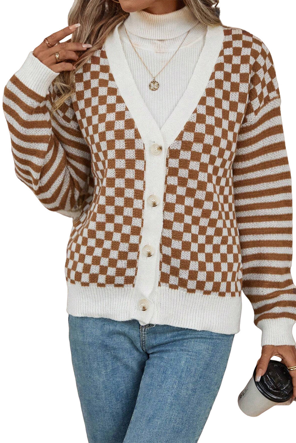 Brown Checkered Striped Patched Buttoned V Neck Cardigan