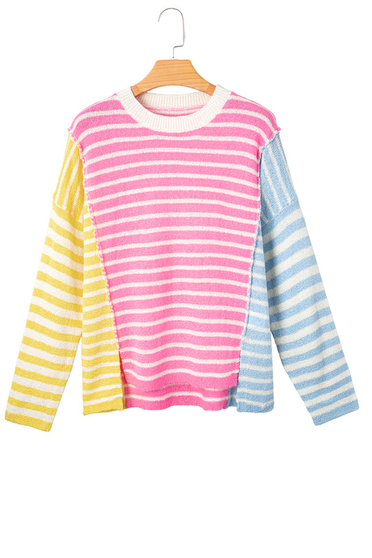 Colorblock Striped Patchwork Dolman Sleeve Slit Lightweight Sweater