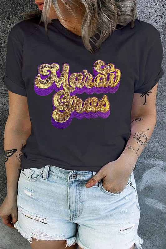 Black Mardi Gras Sequin Chenille Graphic Plus Size Tee