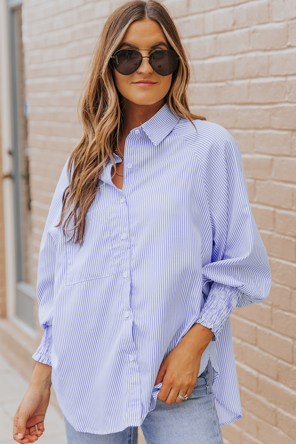Stripe Striped Casual Shirred Cuffs Shirt