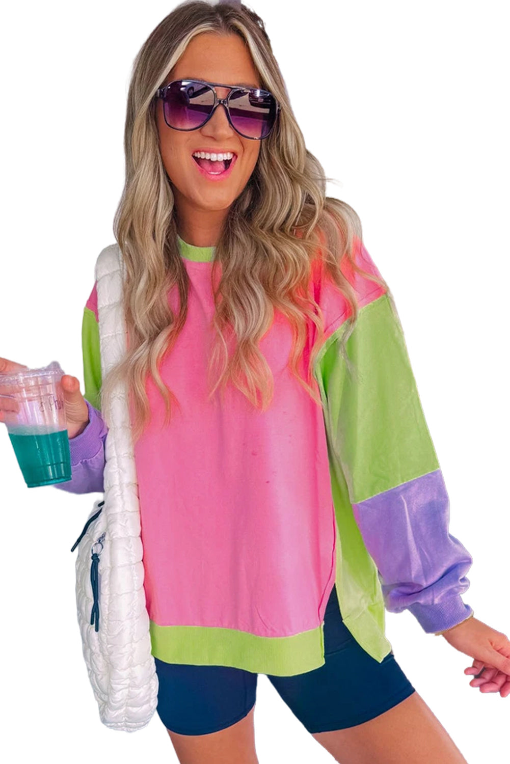 Pink Colorblock Patchwork Oversized Sweatshirt