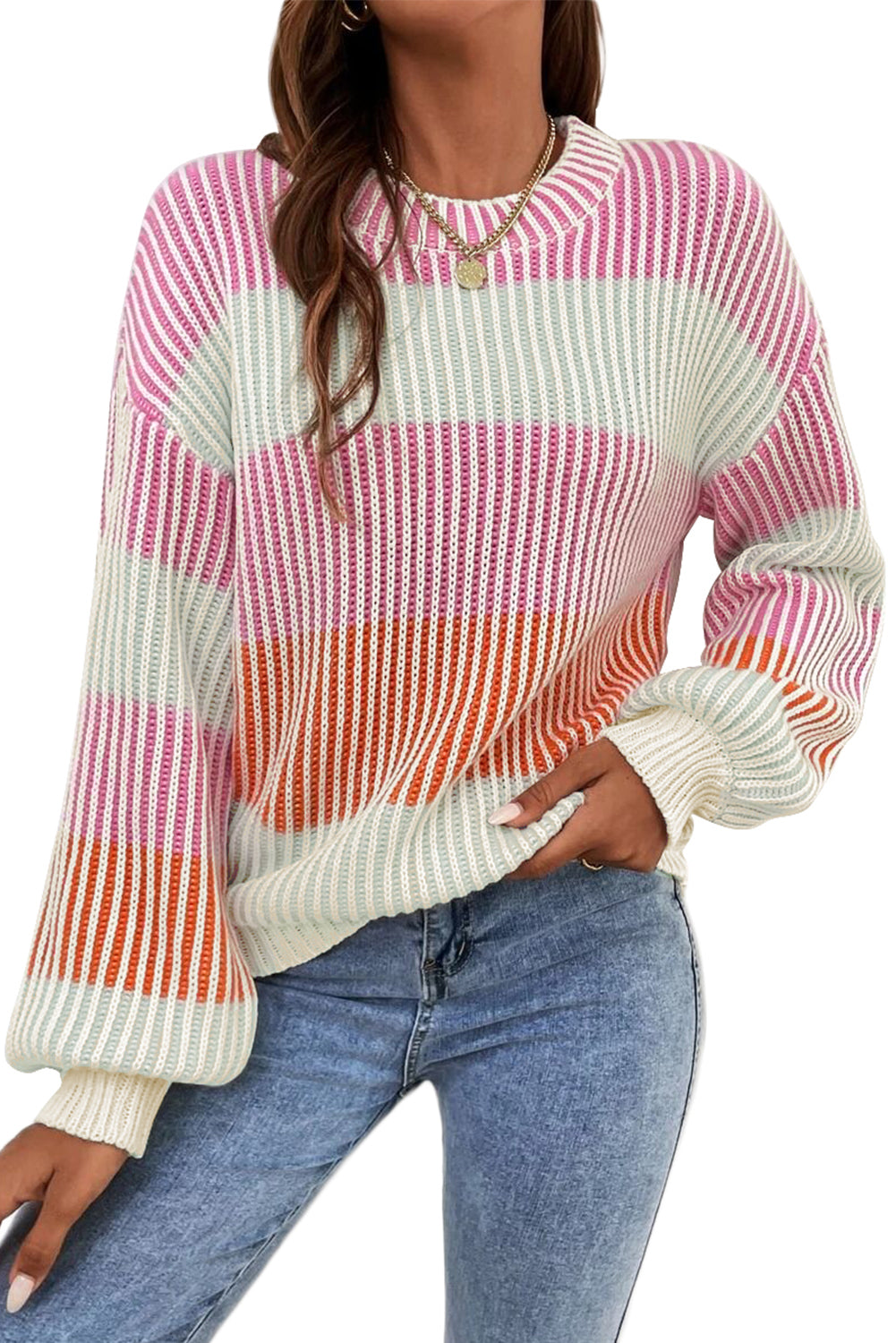 Pink Colorblock Lantern Sleeve Rib Knitted Sweater