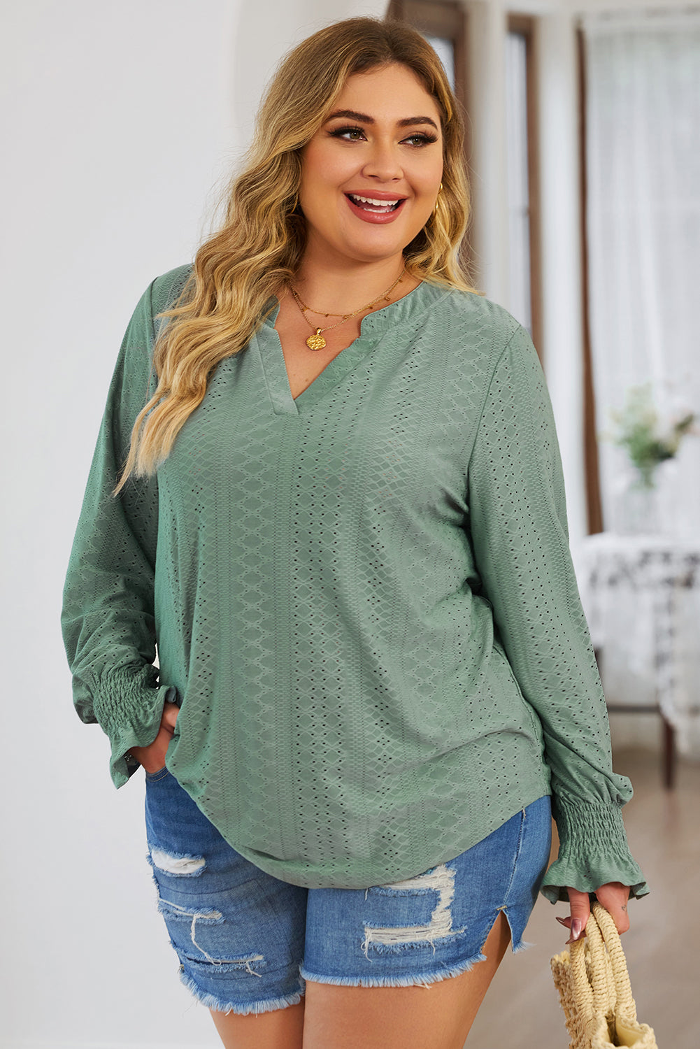 Plus Size Eyelet Notched Flounce Sleeve Blouse