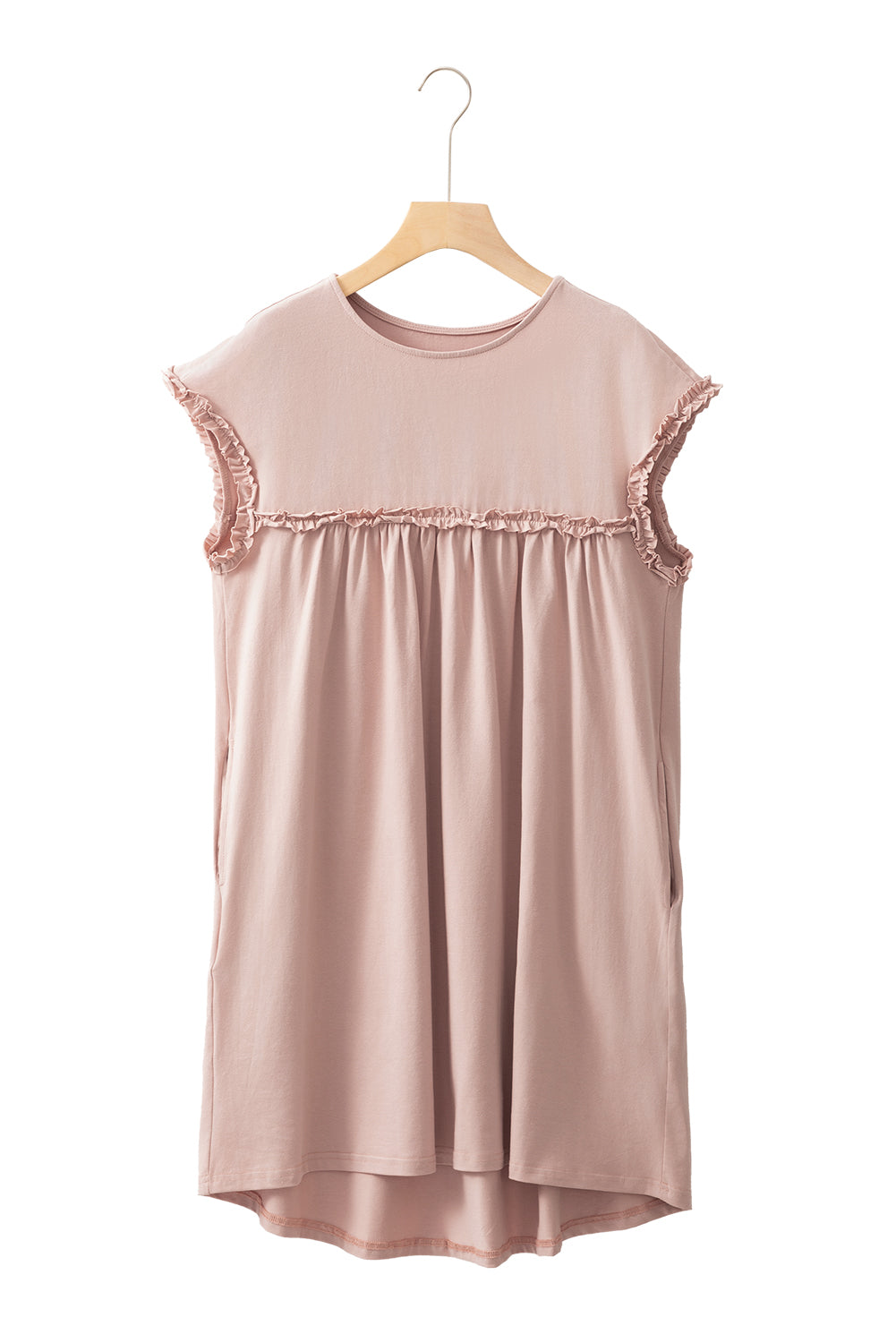 Oatmeal Frilled Trim Crewneck Loose Fit Mini Dress