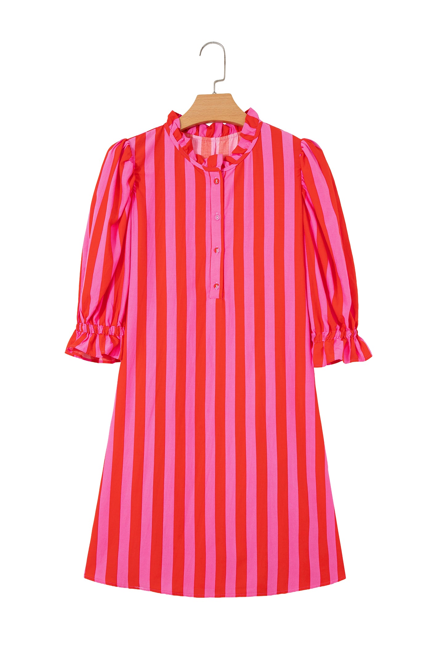 Yellow Stripe Half Button Puff Sleeve Loose Mini Dress