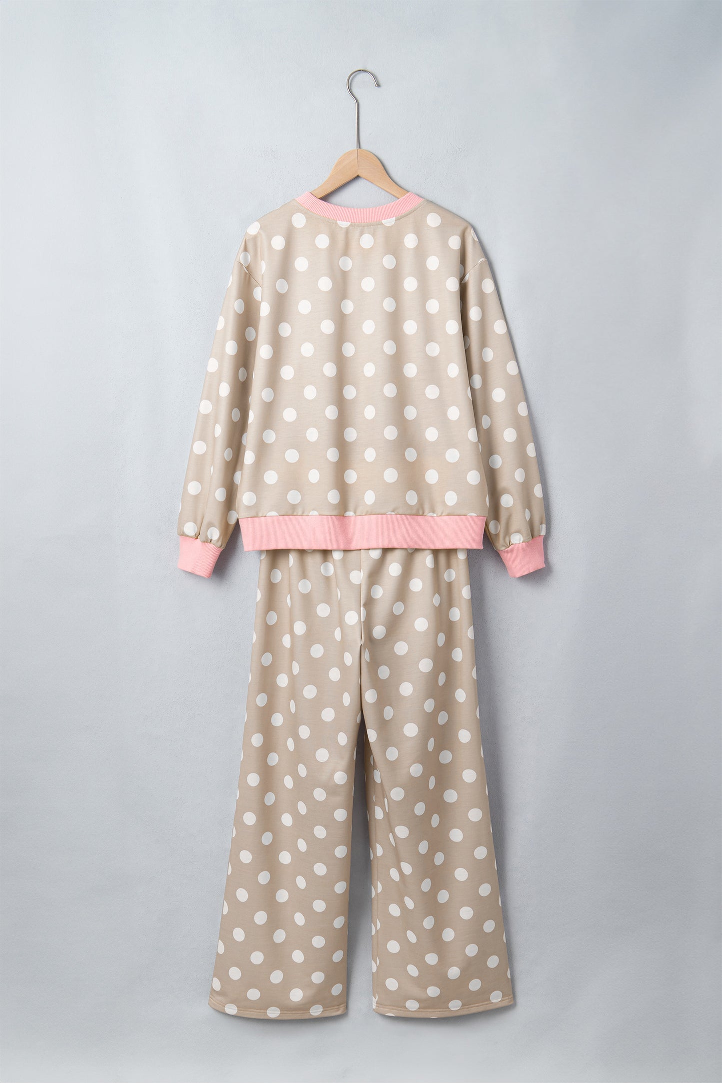 Khaki Polka Dot Contrast Trim Long Sleeve Top Drawstring Shift Pants Set