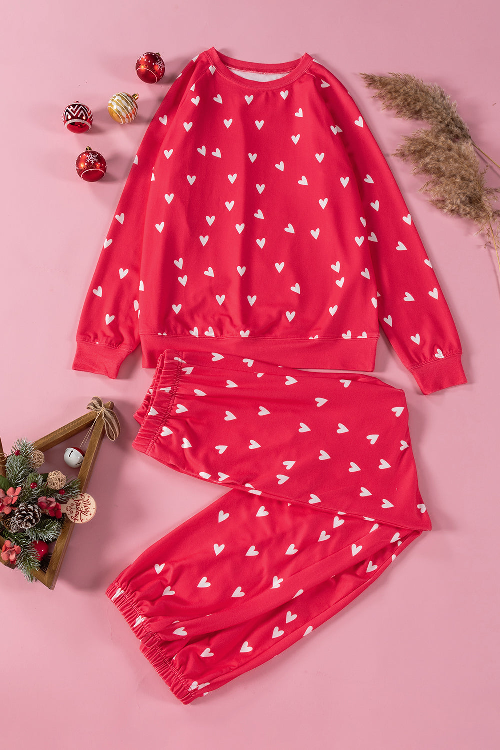 Red Heart Print Raglan Sleeve Top and Pants Set