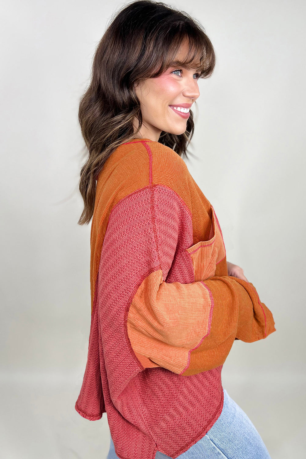 Orange Waffle Patchwork Chest Pocket Plus Size Top