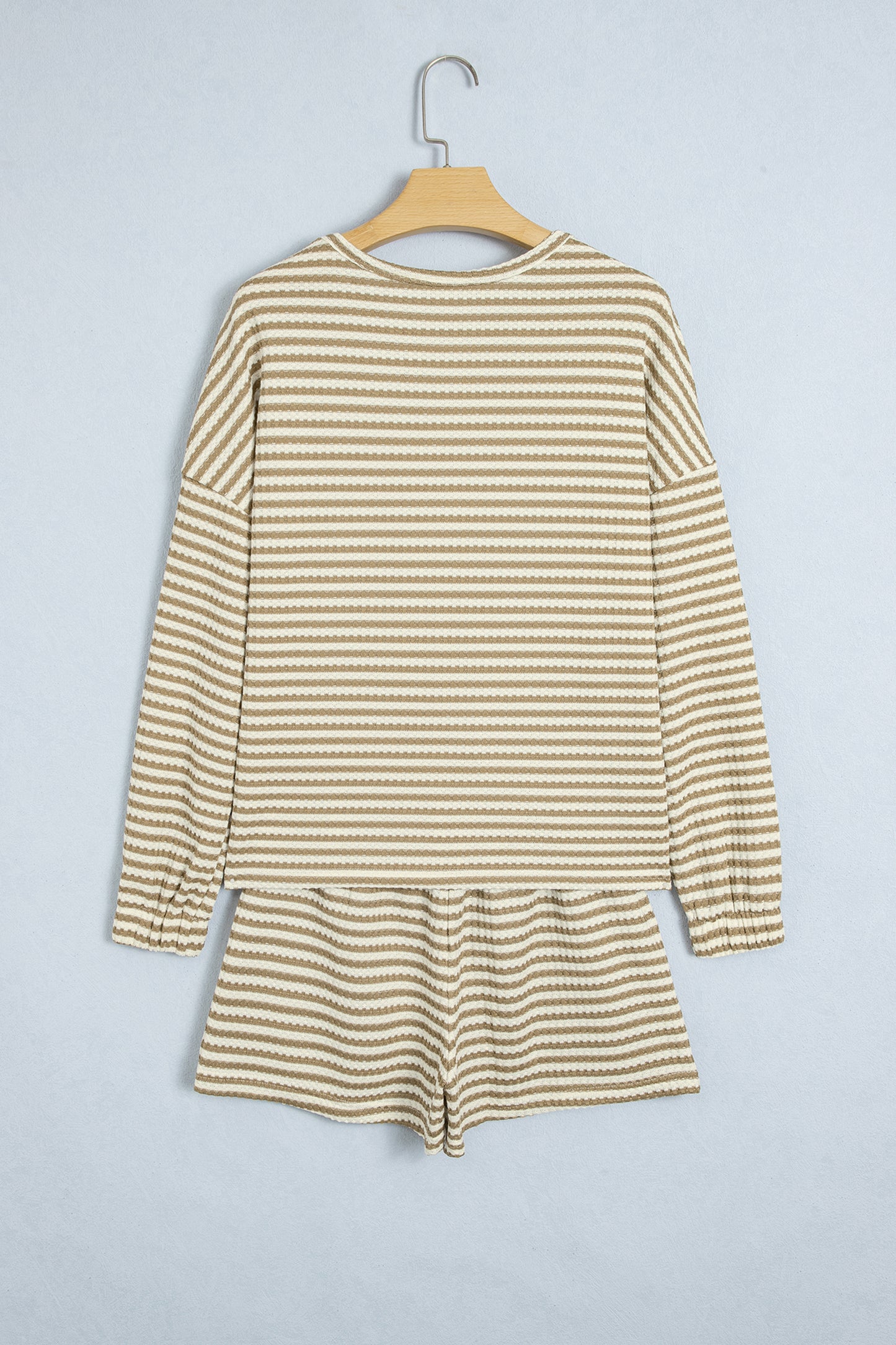 Brown Stripe Textured Knit Long Sleeve Top Elastic Waist Shorts Casual Outfit